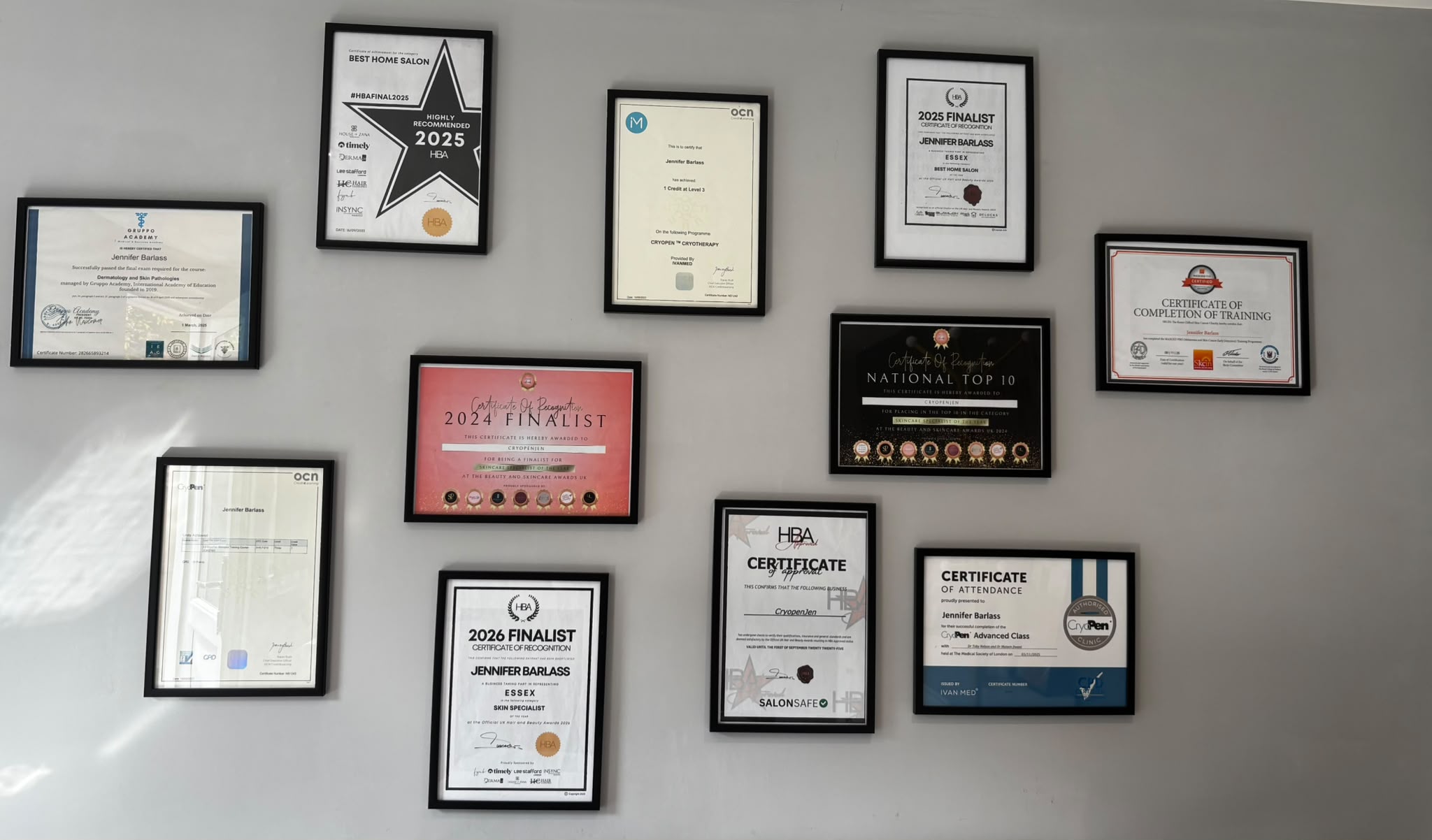 Jen’s training certificates and awards